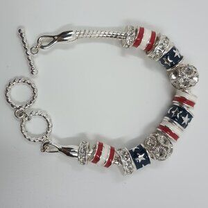 Silver Tone Enamel And Rhinestone Patriotic Toggle Clasp Bracelet.